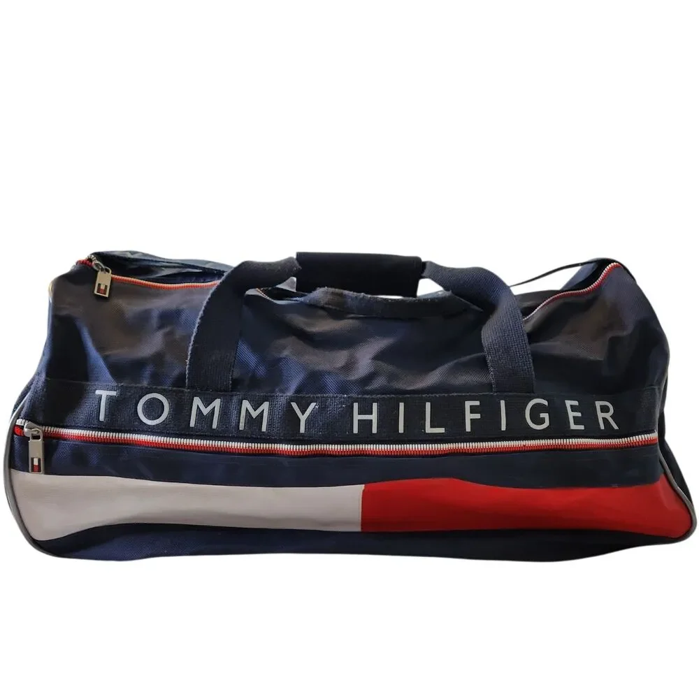 Vintage Tommy Hilfiger Duffle Bag Spellout Color Block 24” Weekender Gym w/Strap